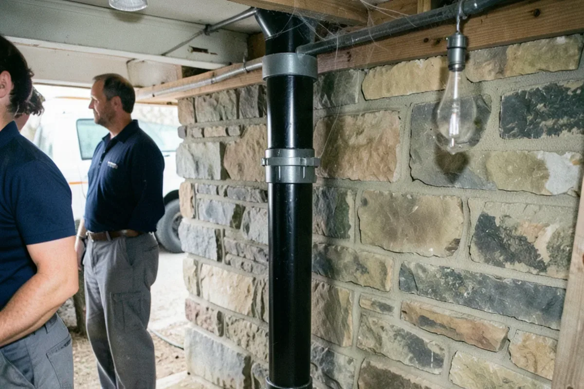Cast iron drain stack with lead-and-oakum hub joints against a stone basement wall