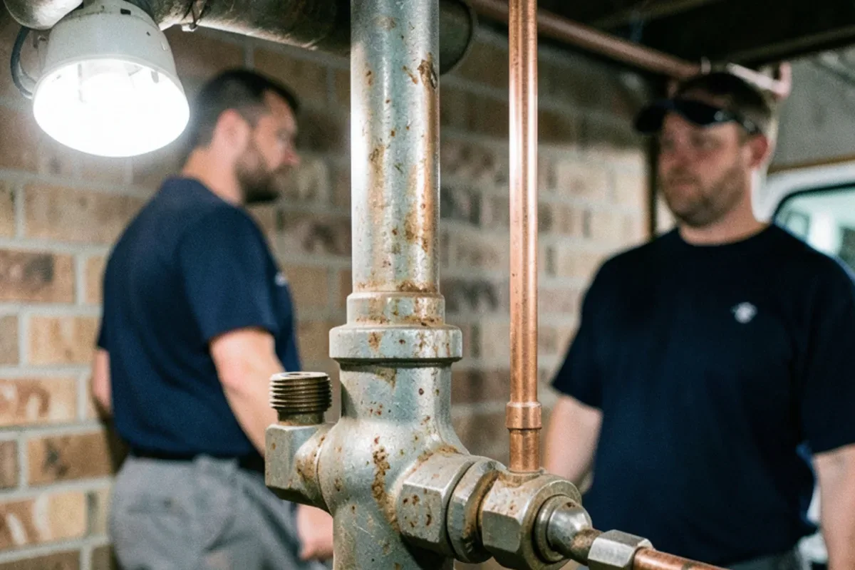 Rusty galvanized water pipe next to newly installed copper line at a basement water meter