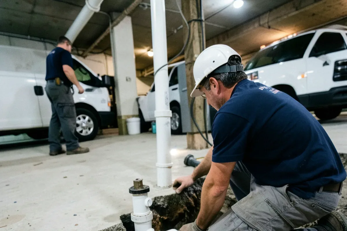 Opened basement floor showing a newly installed backwater valve on a sewer line