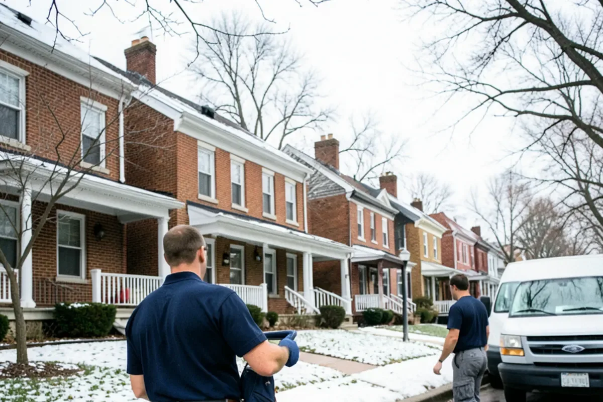 Older two-story brick homes on narrow lots near the Detroit border