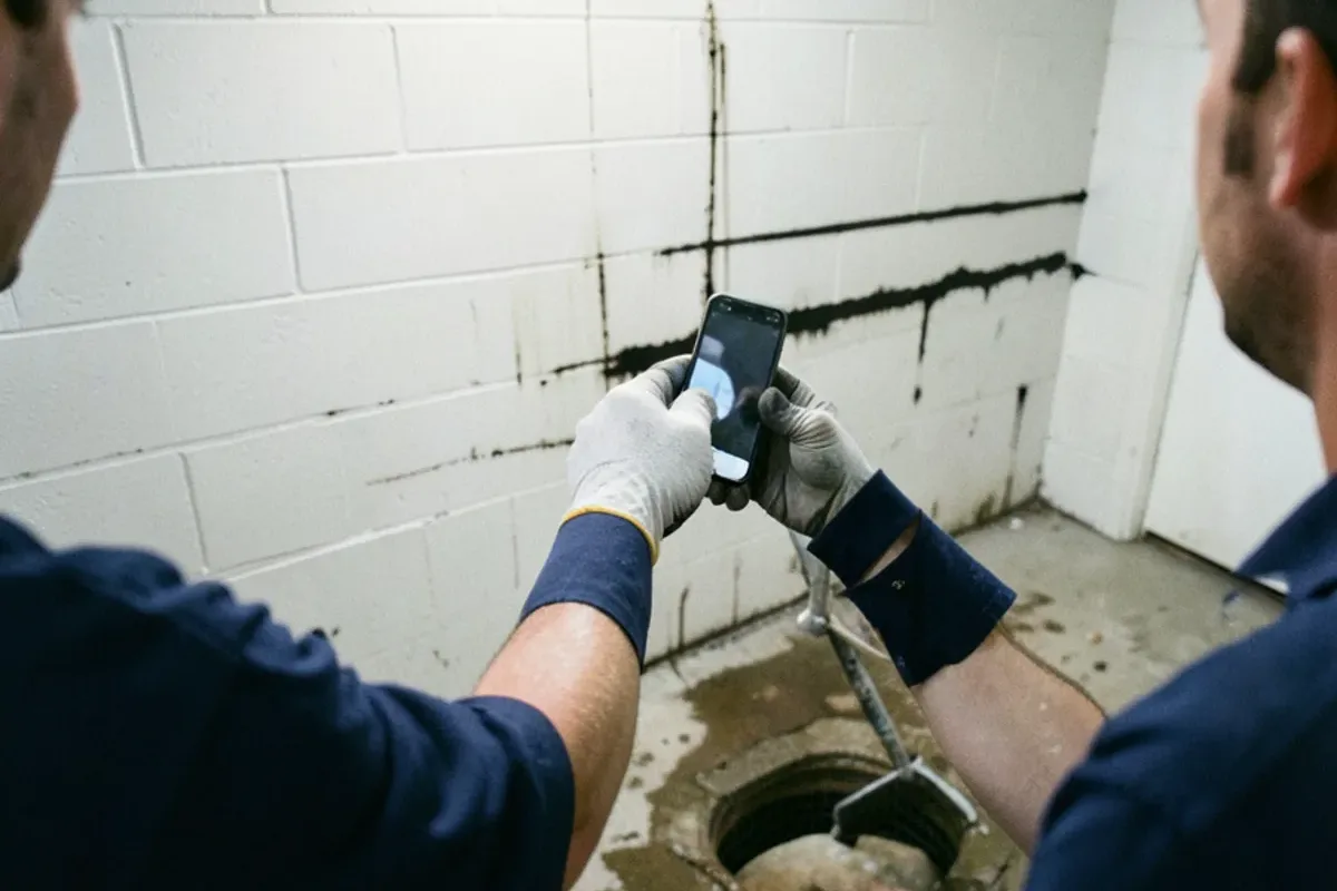 Phone camera framing a sewage water line on a basement wall above a floor drain
