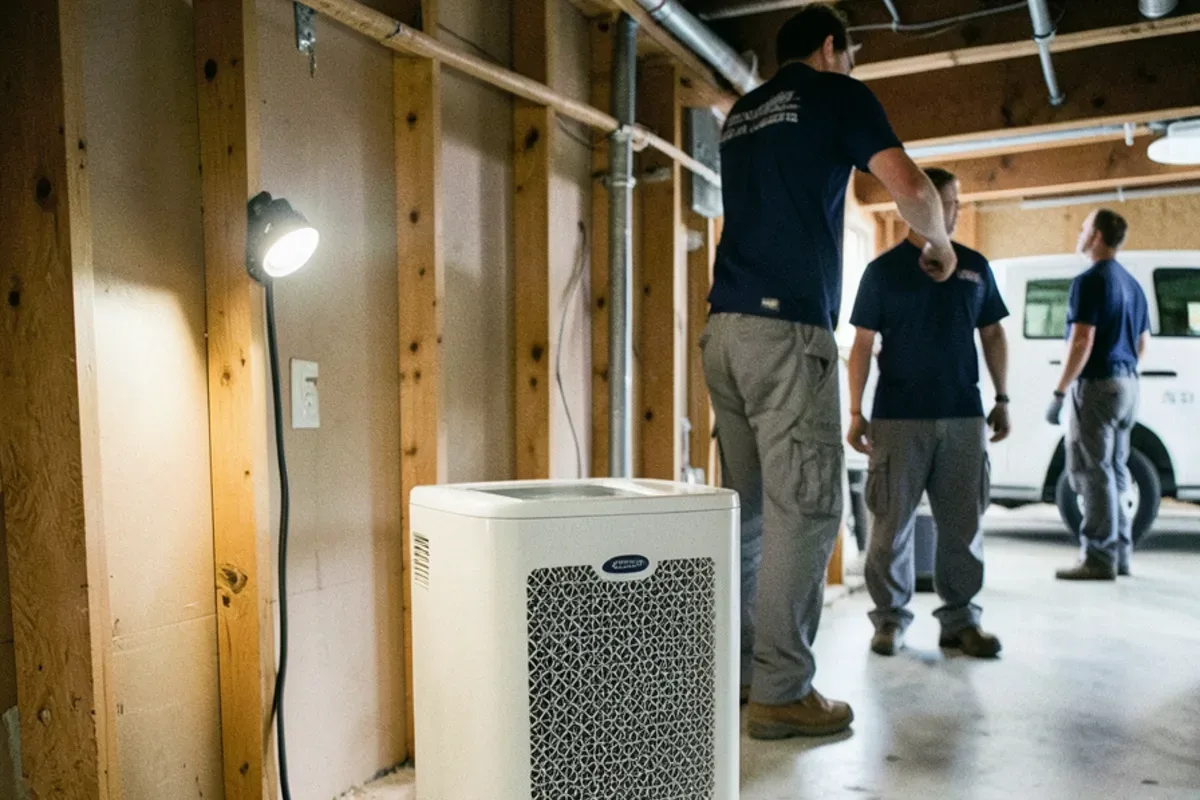 Dehumidifier and air mover drying a basement floor after cleanup