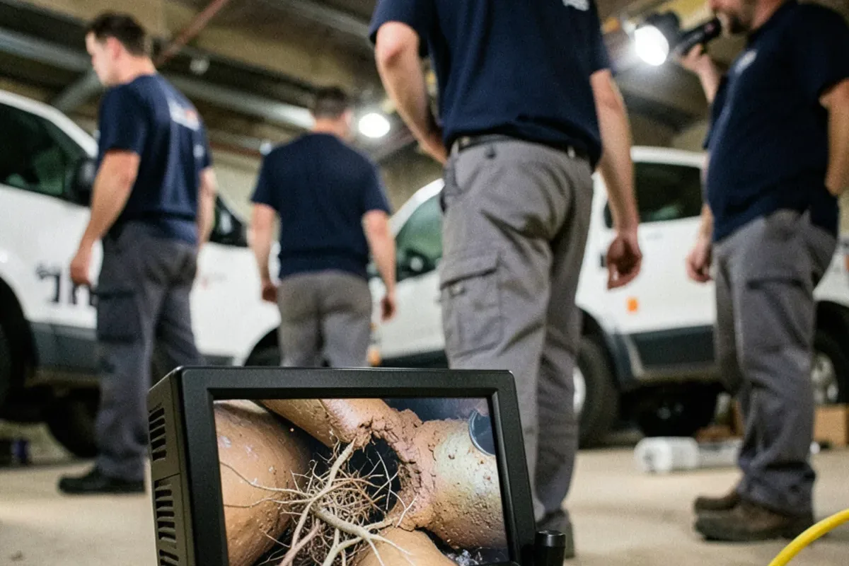 Inspection monitor on a basement floor showing tree roots inside an old clay lateral