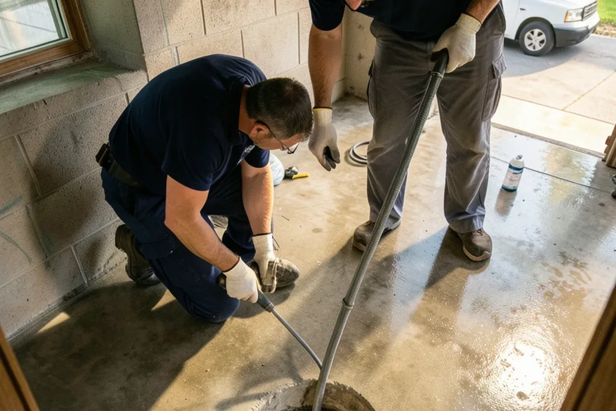 Drain cable machine feeding through a basement floor drain after a sewage backup
