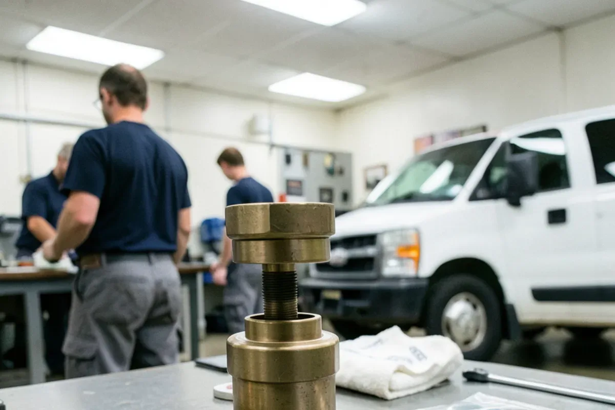 Opened backflow assembly with its check valve, spring and rubber disc laid out for a rebuild