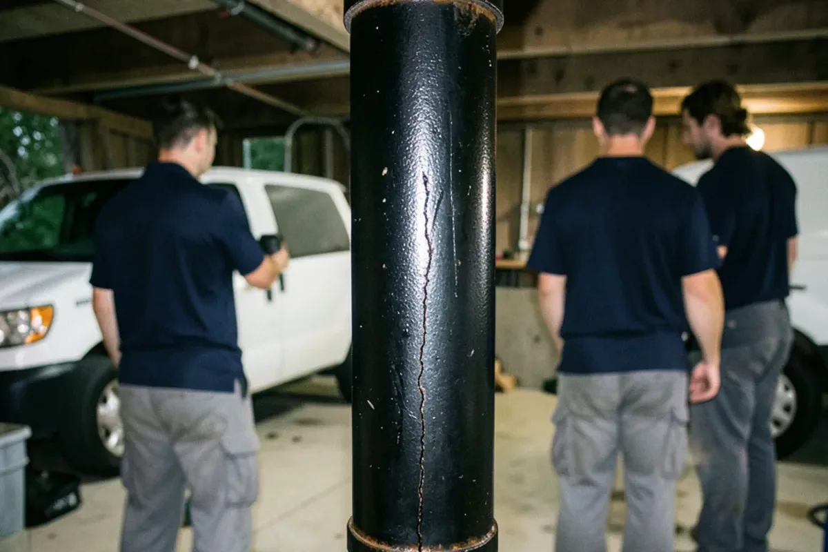 Lengthwise hairline crack in a vertical cast iron drain stack