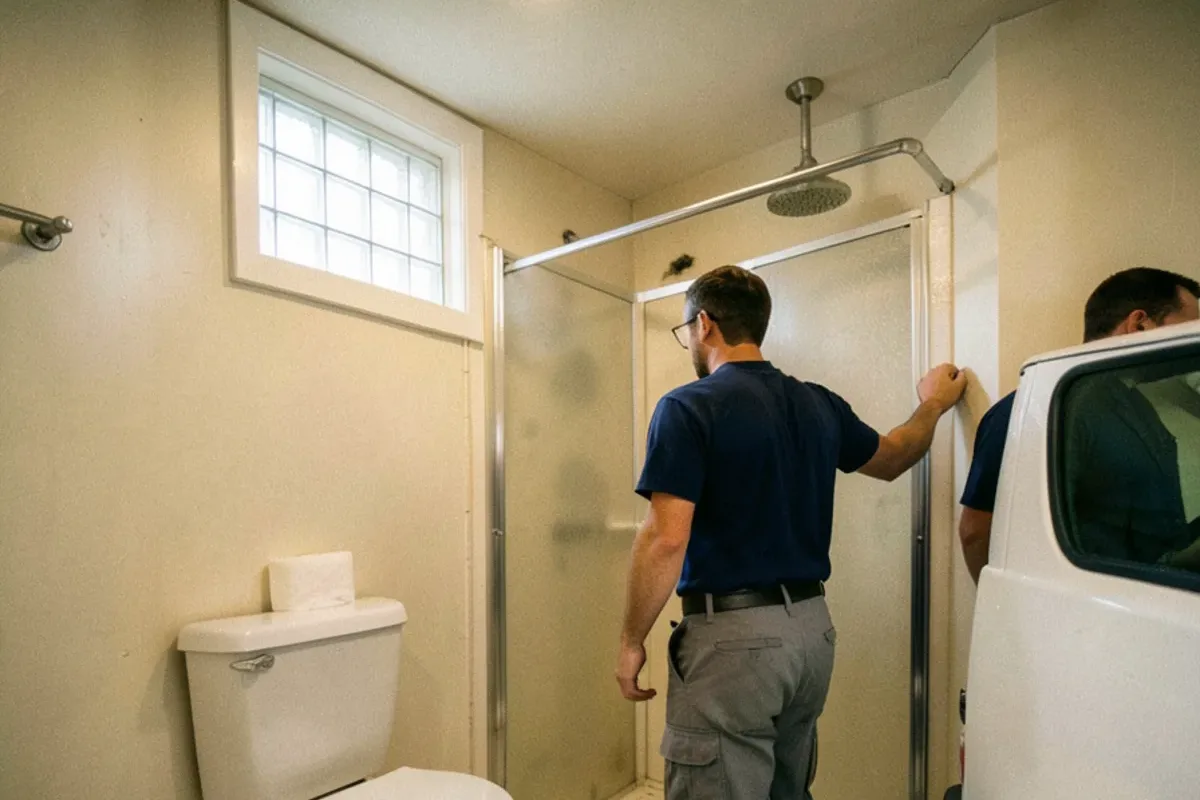 Small finished basement bathroom with a toilet and shower stall on a tile floor