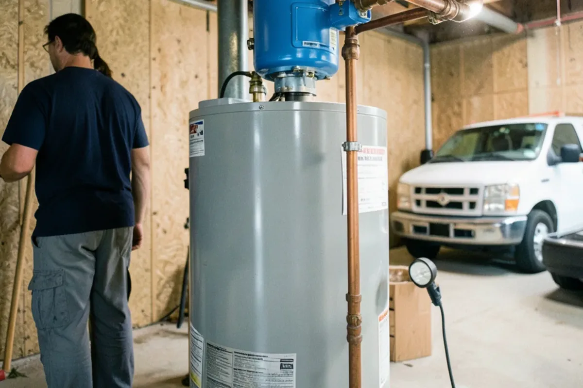 Thermal expansion tank on the cold supply above a basement water heater with its relief valve discharge pipe
