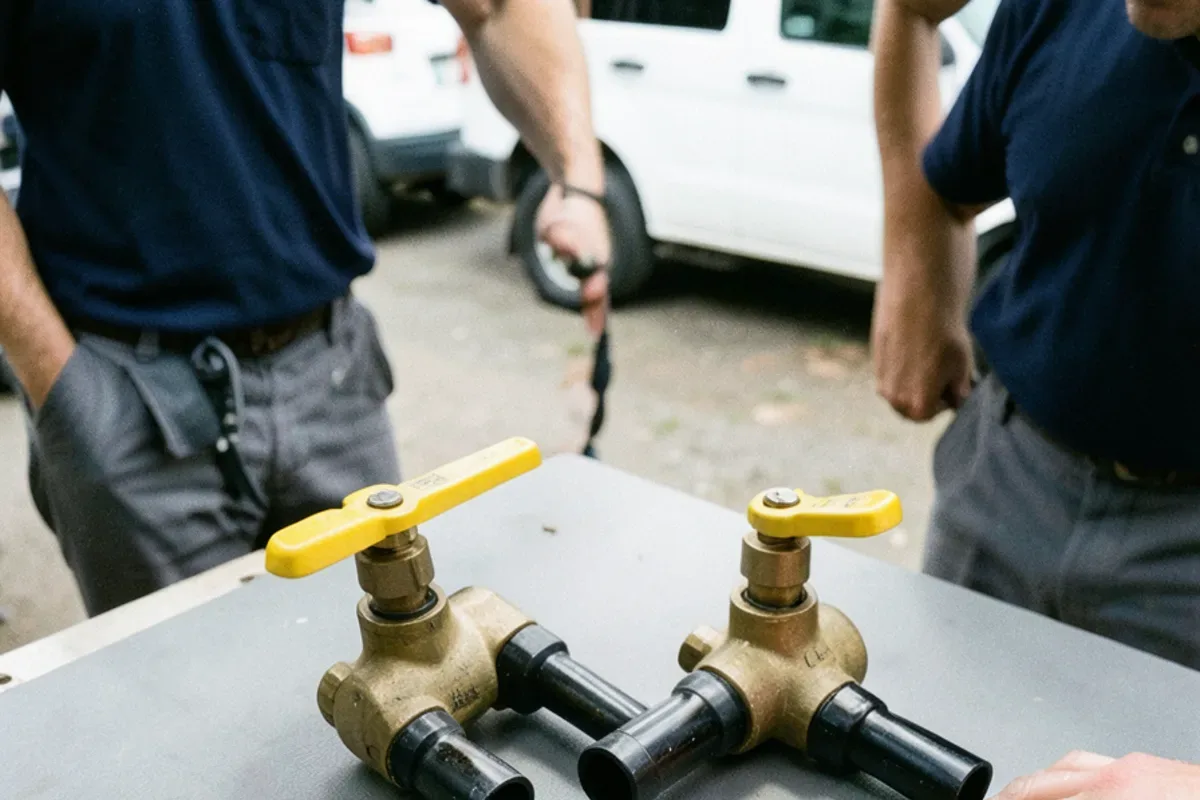 Two gas ball valves side by side, one lever along the pipe and one turned across it