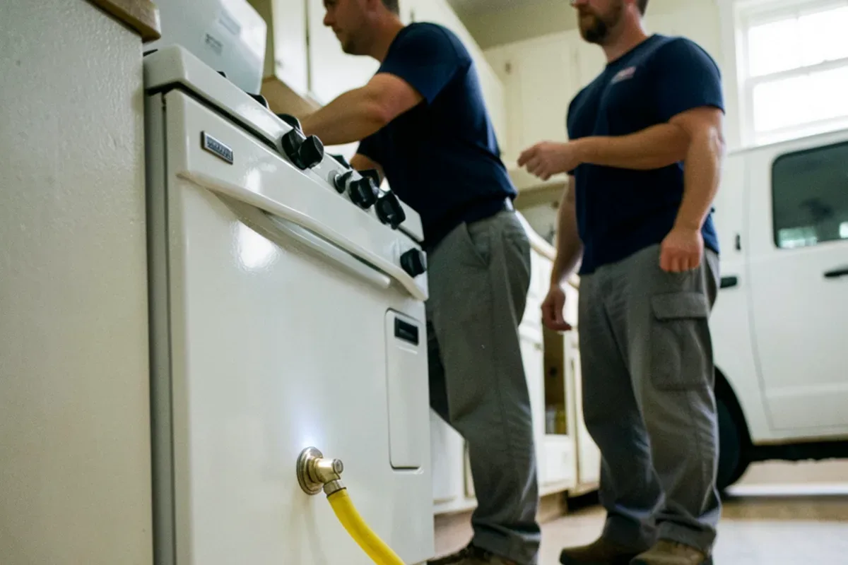 Gas range slid away from a kitchen wall showing the shutoff valve and flexible connector