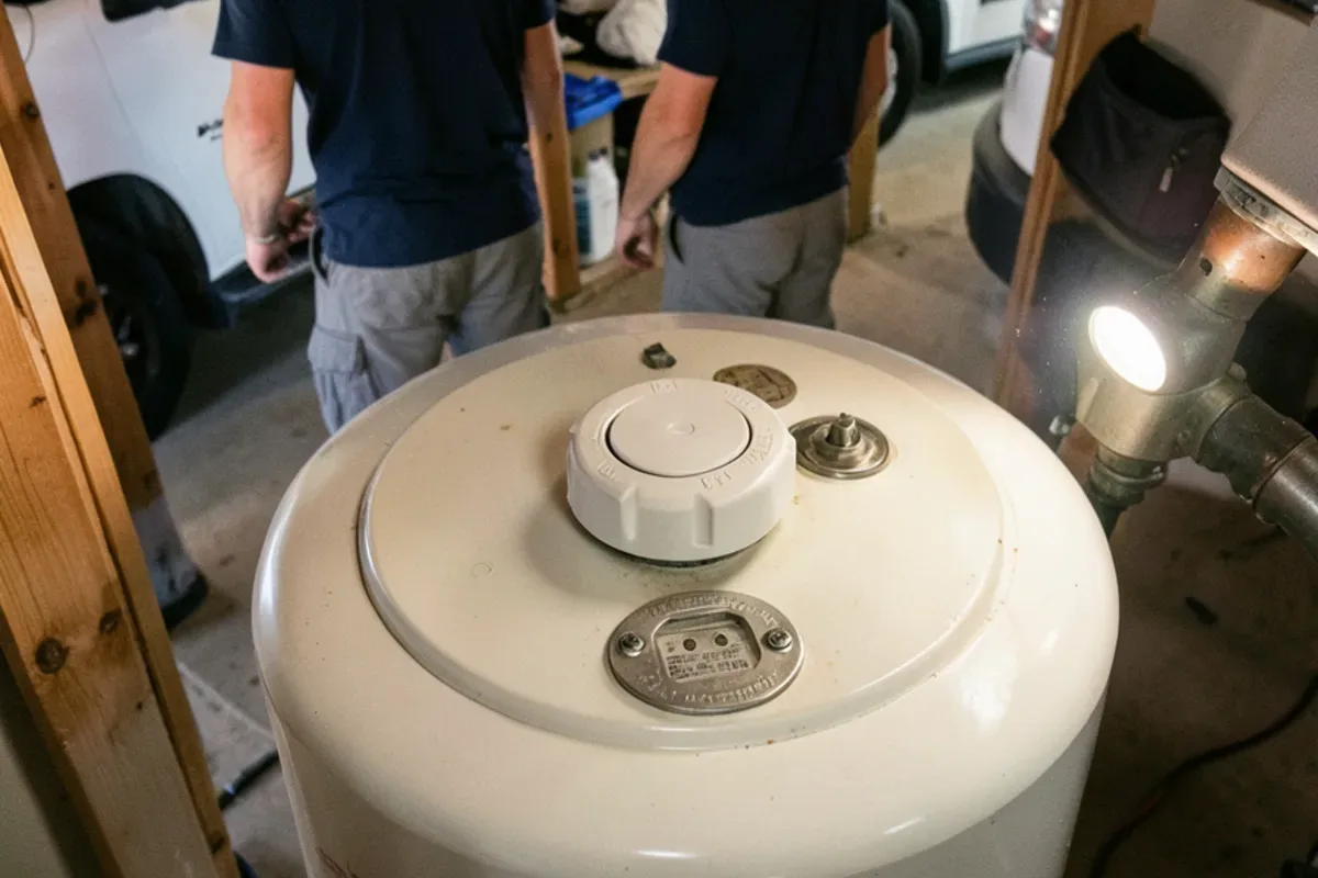 Gas control knob and lighting instruction area at the base of a tank water heater