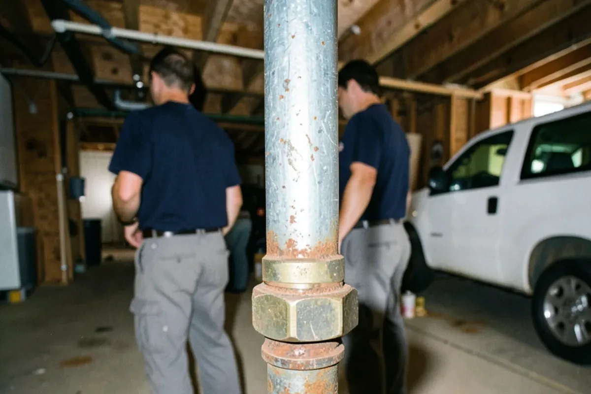 Copper water line joined to an old galvanized pipe with a dielectric union in a basement