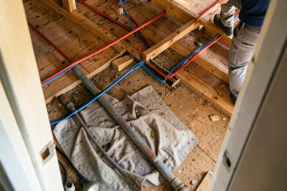 New PEX water lines installed along basement joists beside a removed galvanized section