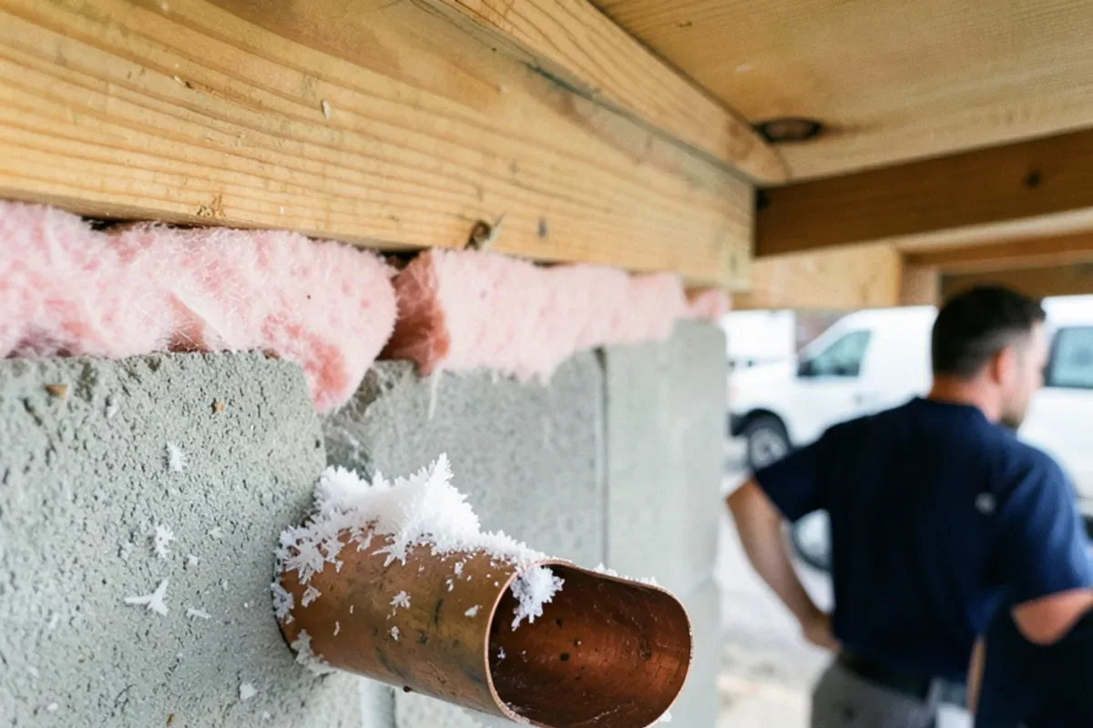 Frost on a copper supply pipe where it runs along a cold rim joist
