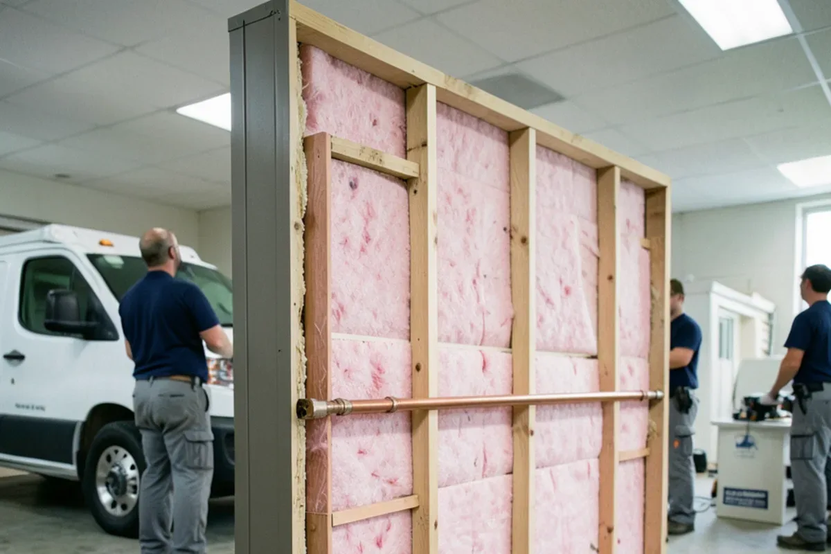 Cutaway of an exterior wall with a water pipe running between the siding and the insulation