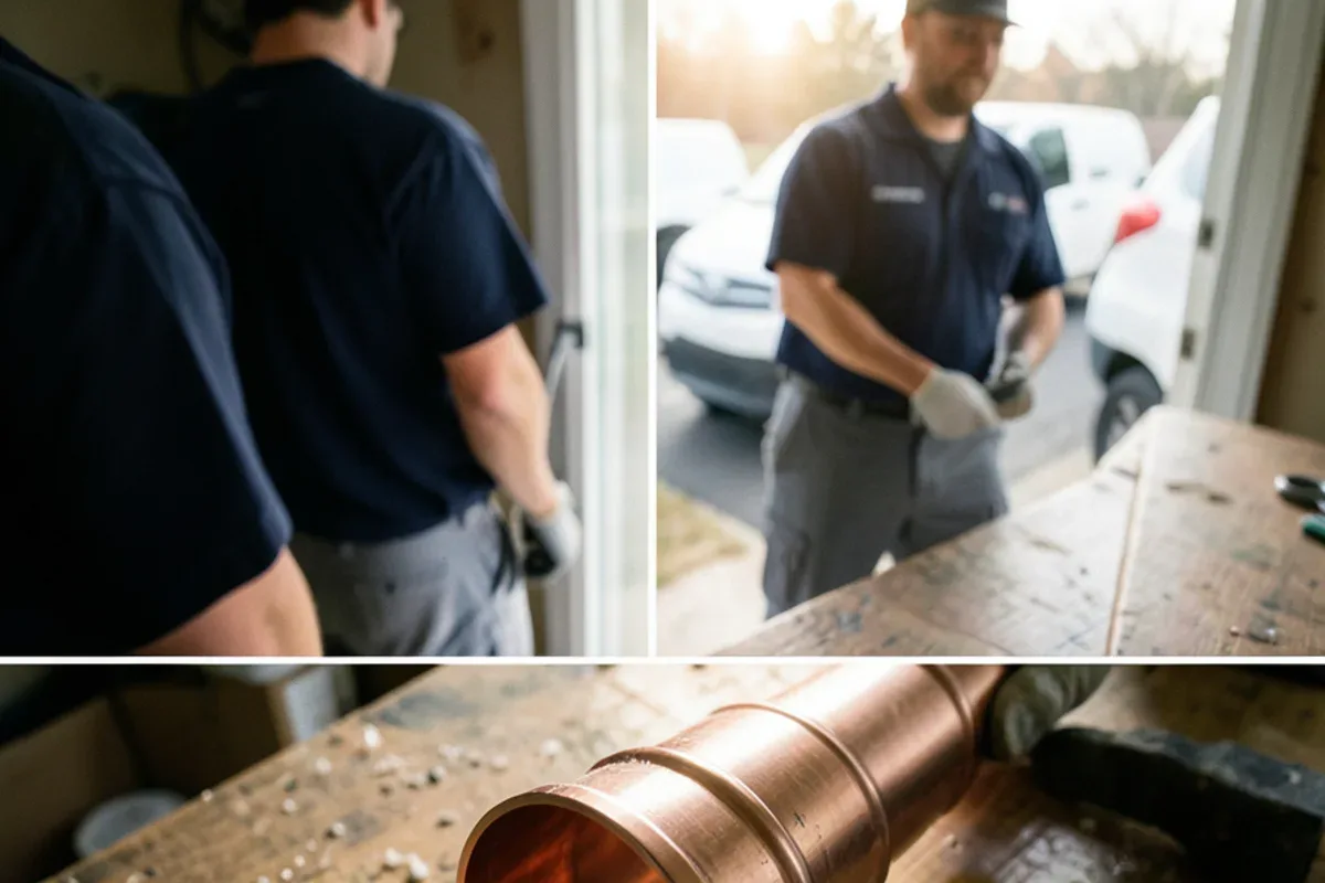 Section of copper pipe with a lengthwise split from freezing