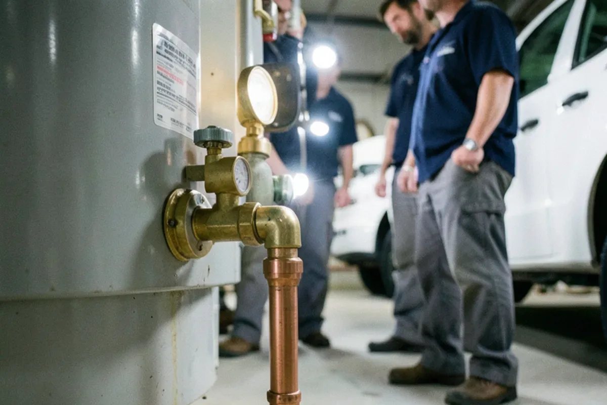 Temperature and pressure relief valve on a tank water heater with its discharge pipe running toward the floor