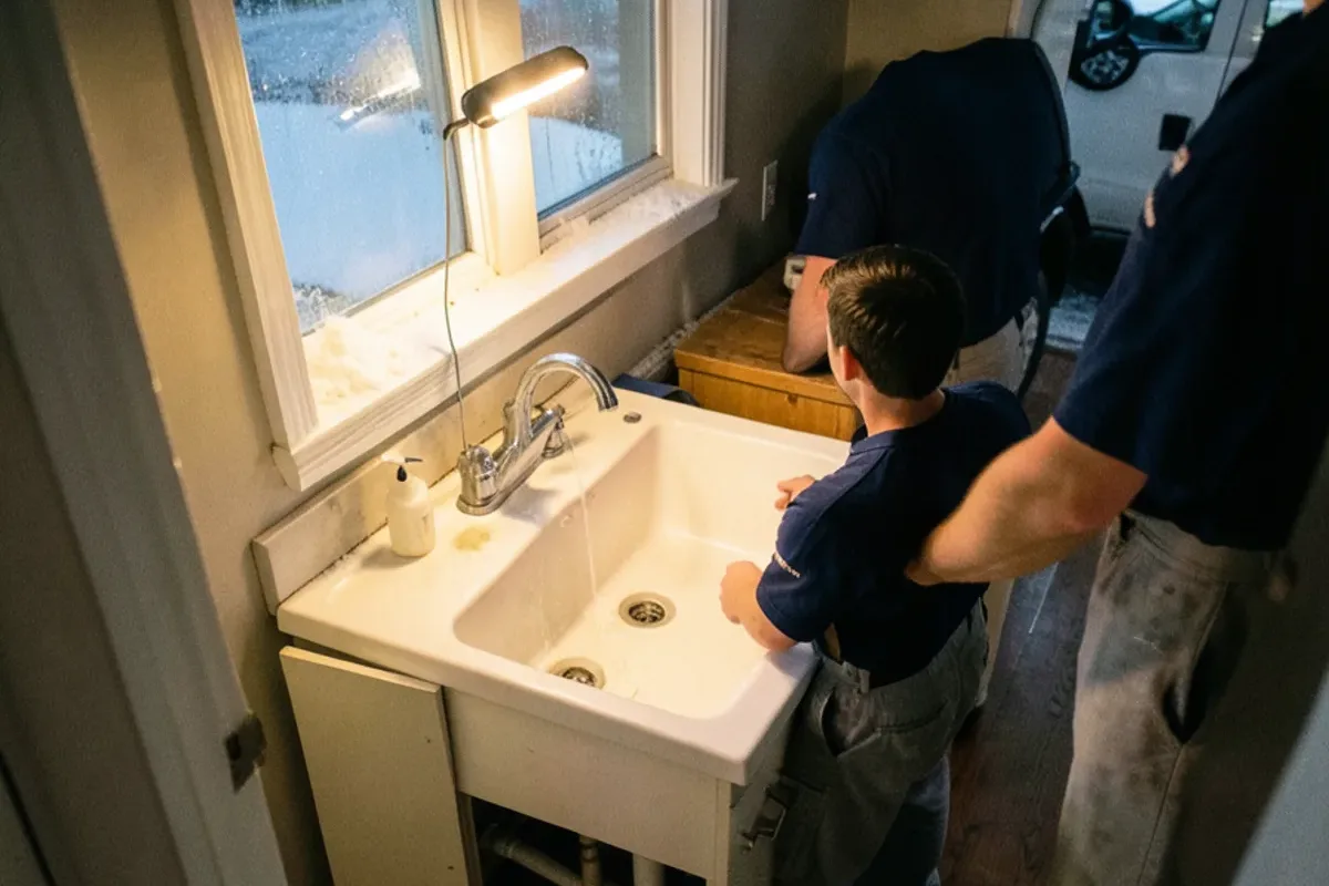 Kitchen sink cabinet doors propped open on an exterior wall during a cold night