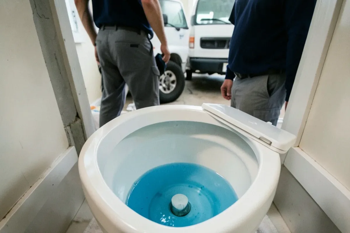 Blue dye spreading in a toilet tank during a flapper leak test in a rental bathroom