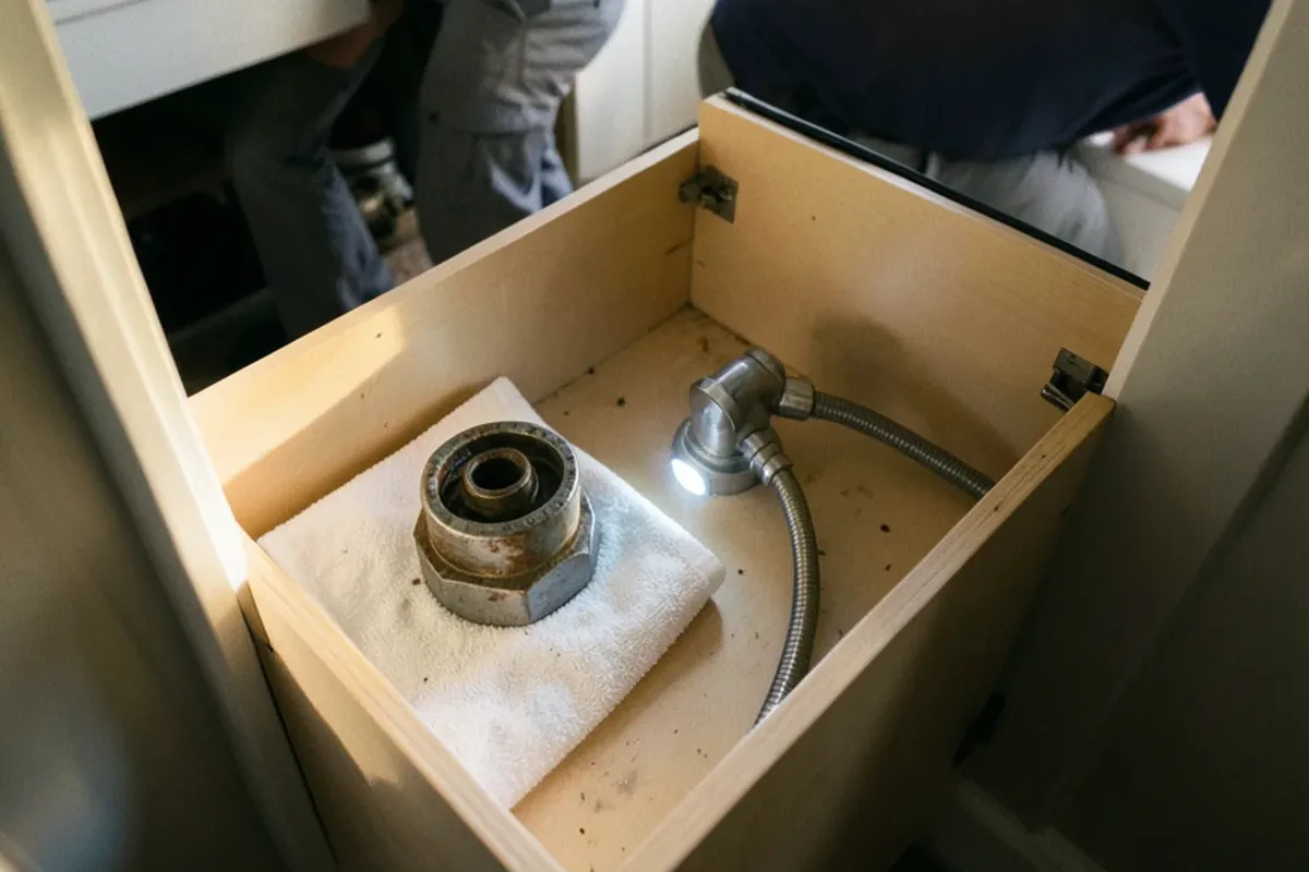 Old multi-turn supply stop beside a new quarter-turn valve under a rental bathroom sink