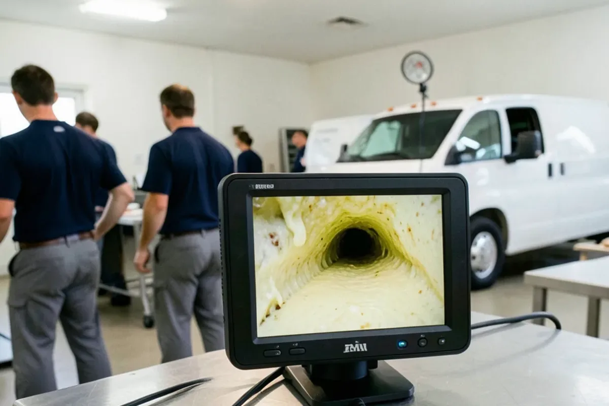 Inspection camera monitor showing a kitchen drain pipe narrowed by a thick grease layer