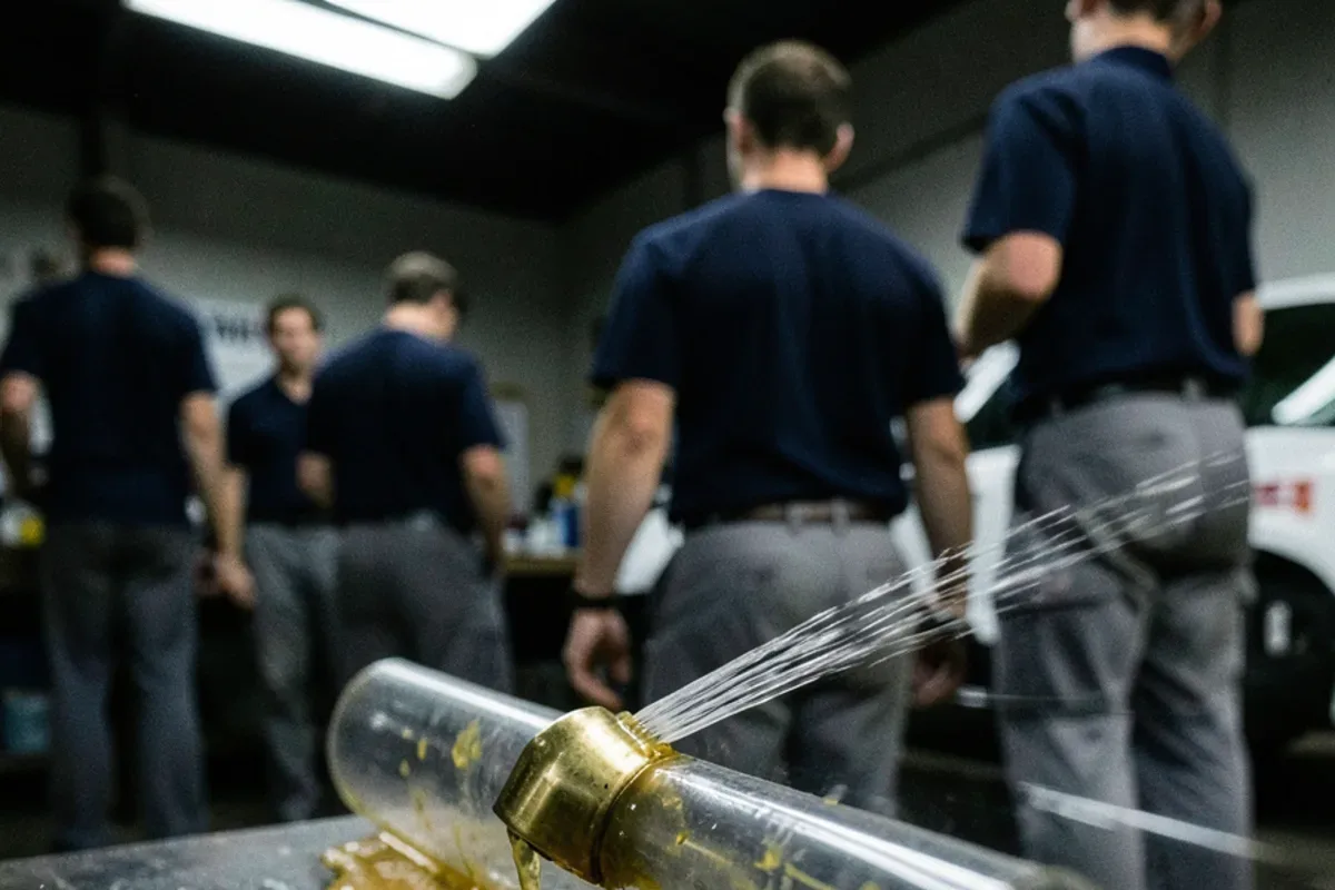 Close view of a drain jetter nozzle with rear-facing water jets spraying inside a clear pipe