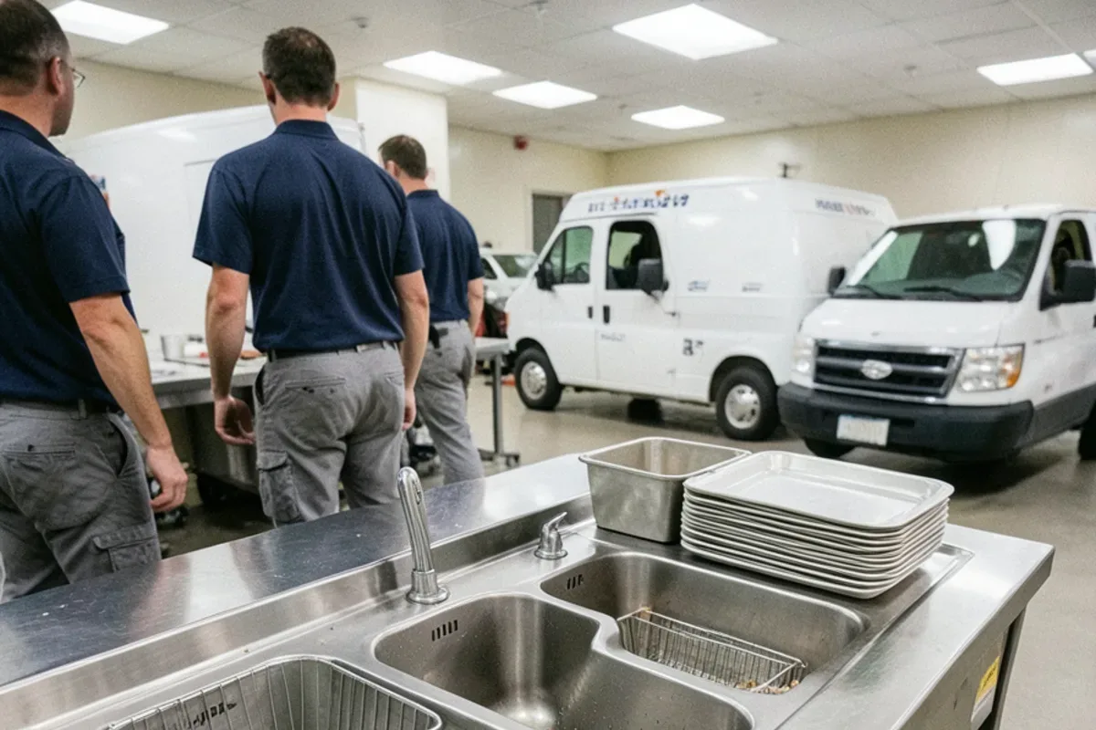 Three-compartment stainless sink with strainer baskets in each drain at a restaurant dish station