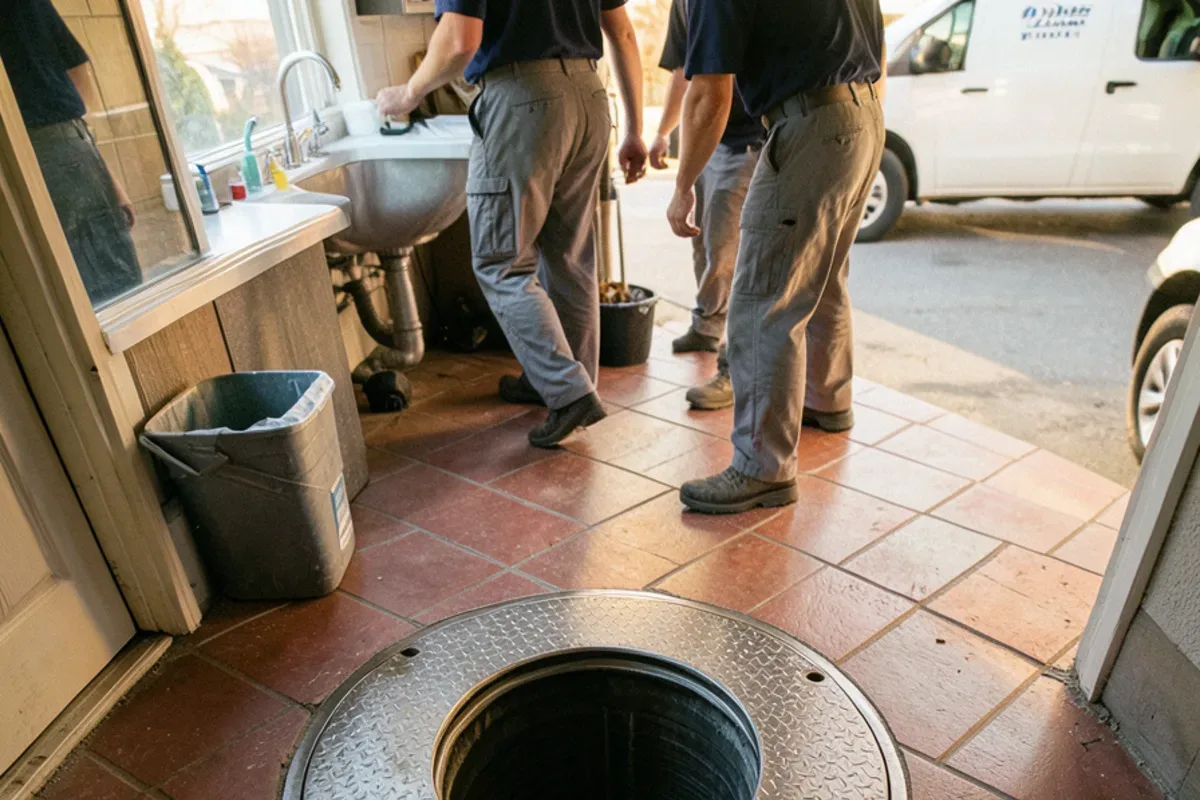 Steel grease interceptor access lid set into a restaurant kitchen floor
