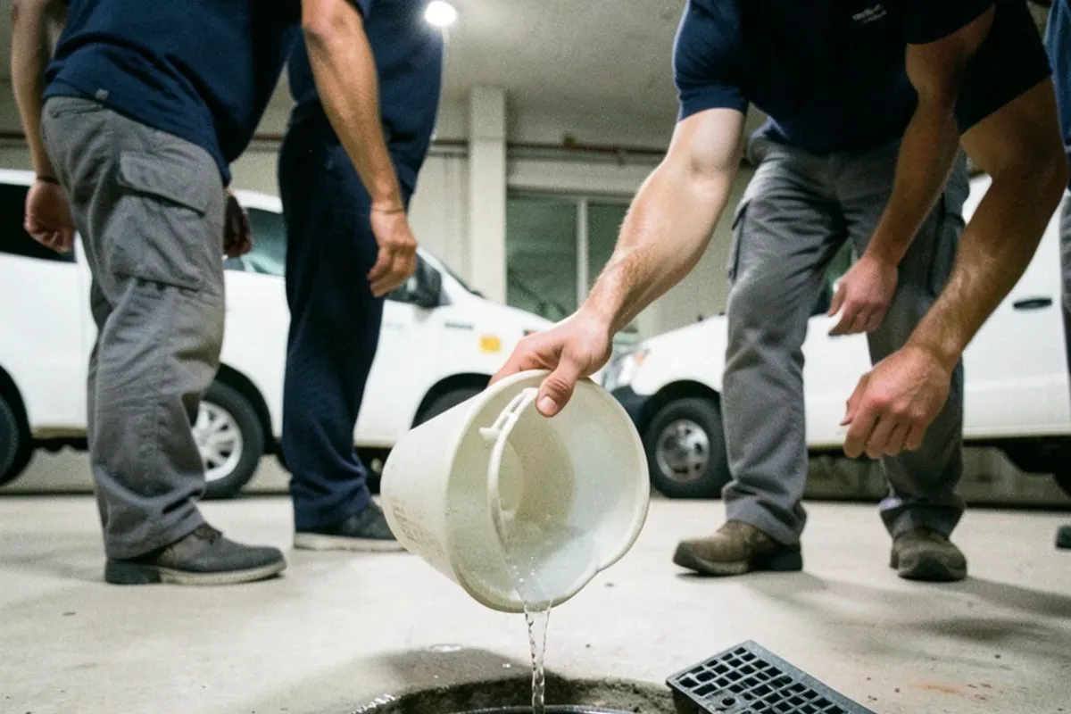 Bucket of water being poured into a basement floor drain