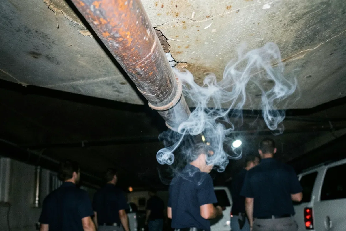 Thin smoke drifting from a crack in a basement drain pipe during a smoke test