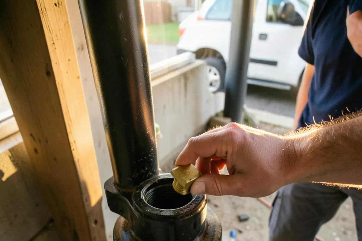 Hand checking a threaded cleanout plug on a basement drain stack