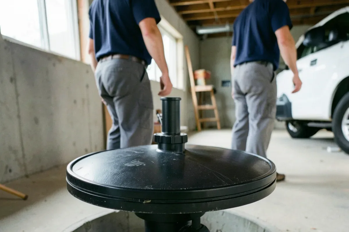 Bolted lid and rubber gasket on a basement sewage ejector pit next to a vent pipe