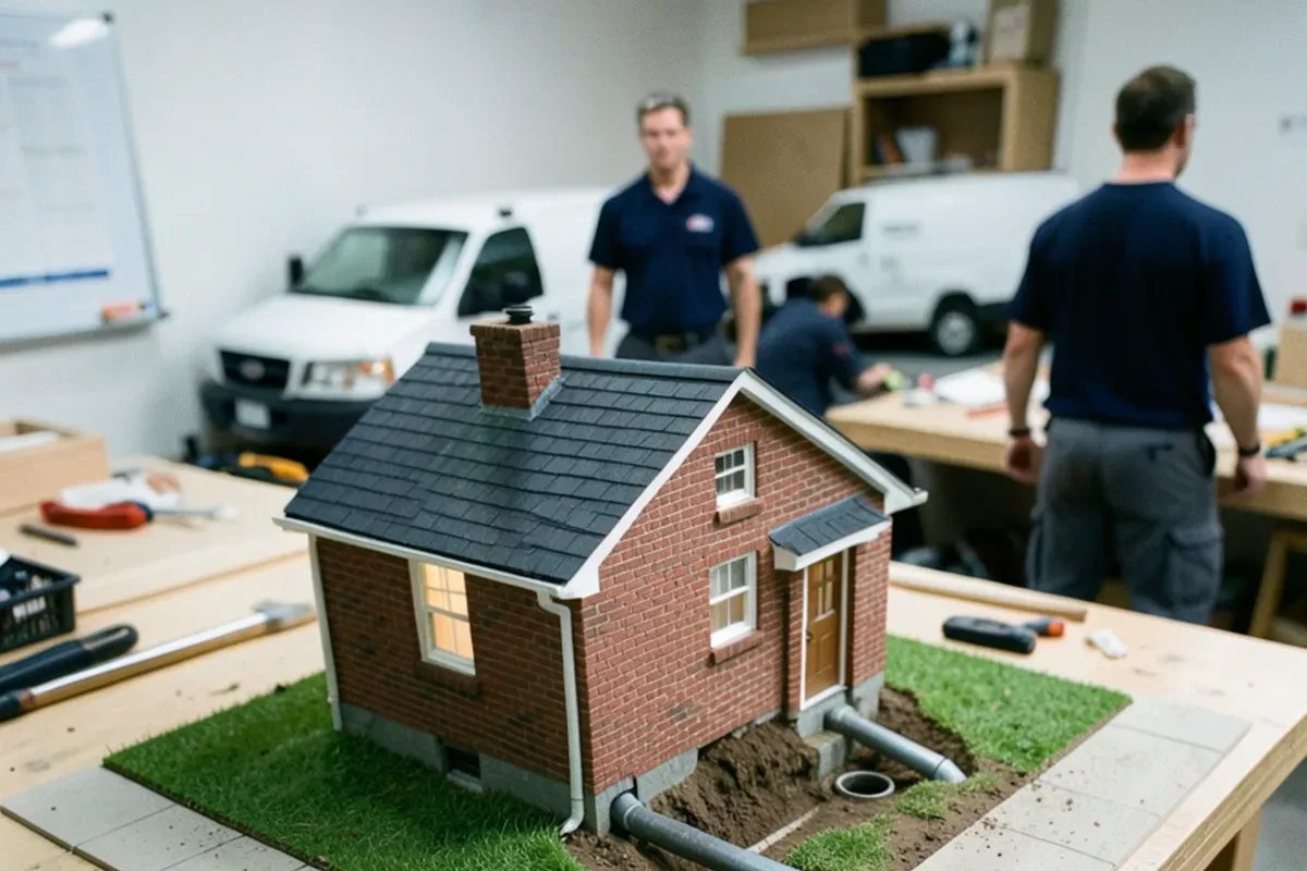 Cutaway of a house sewer lateral sloping from a basement floor drain to a street sewer main