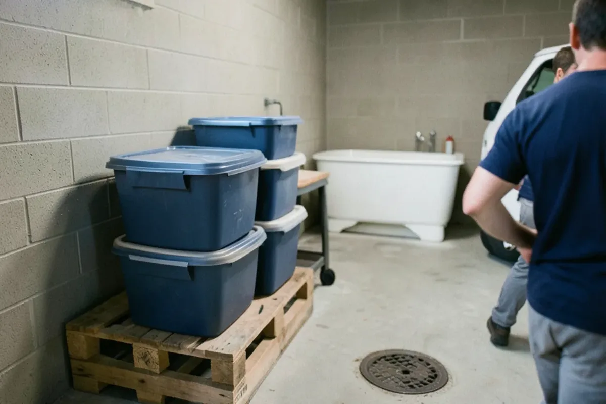 Storage bins raised on wood pallets beside a basement floor drain