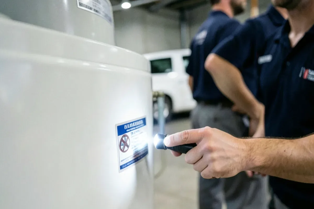 Hand pointing to the rating label on the side of a tank water heater