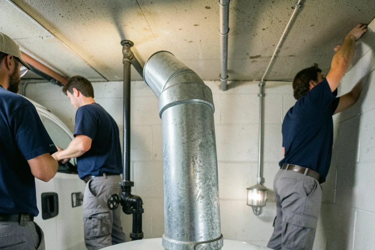 Metal vent pipe connecting the top of a gas water heater to a chimney thimble
