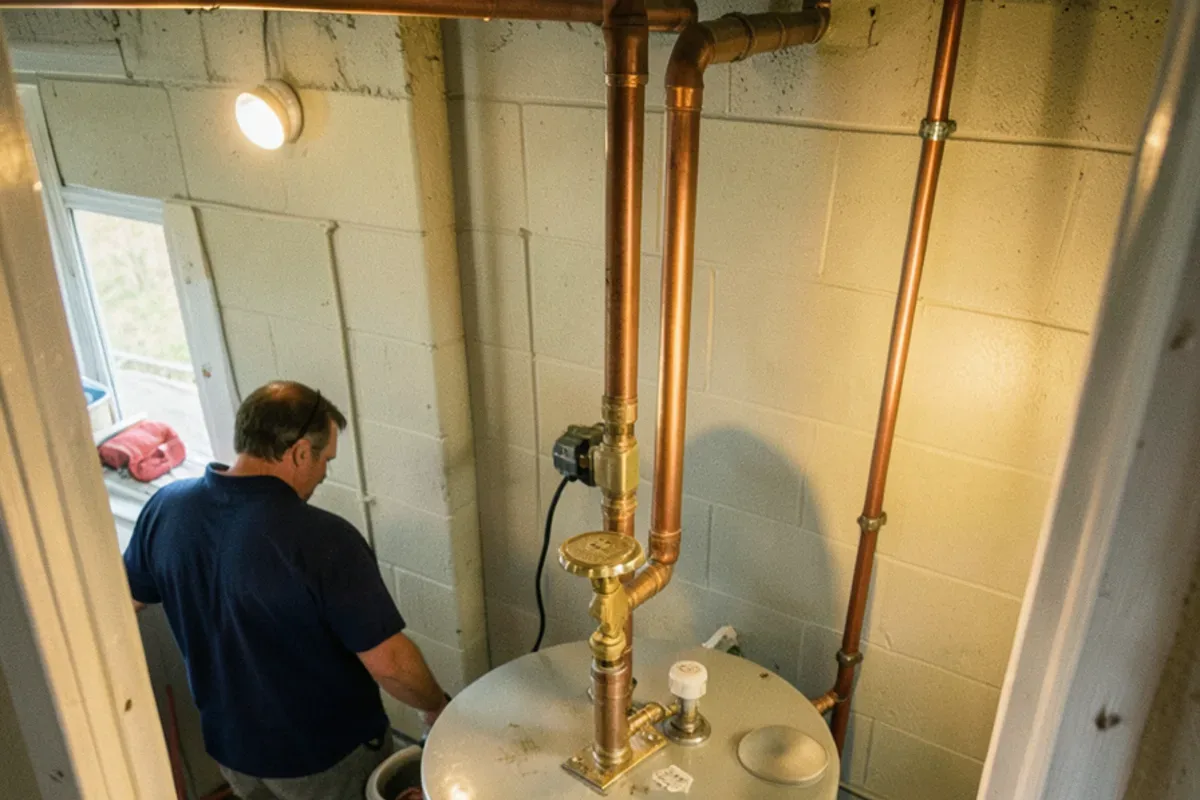 Thermostatic mixing valve piped onto the hot outlet of a basement tank water heater