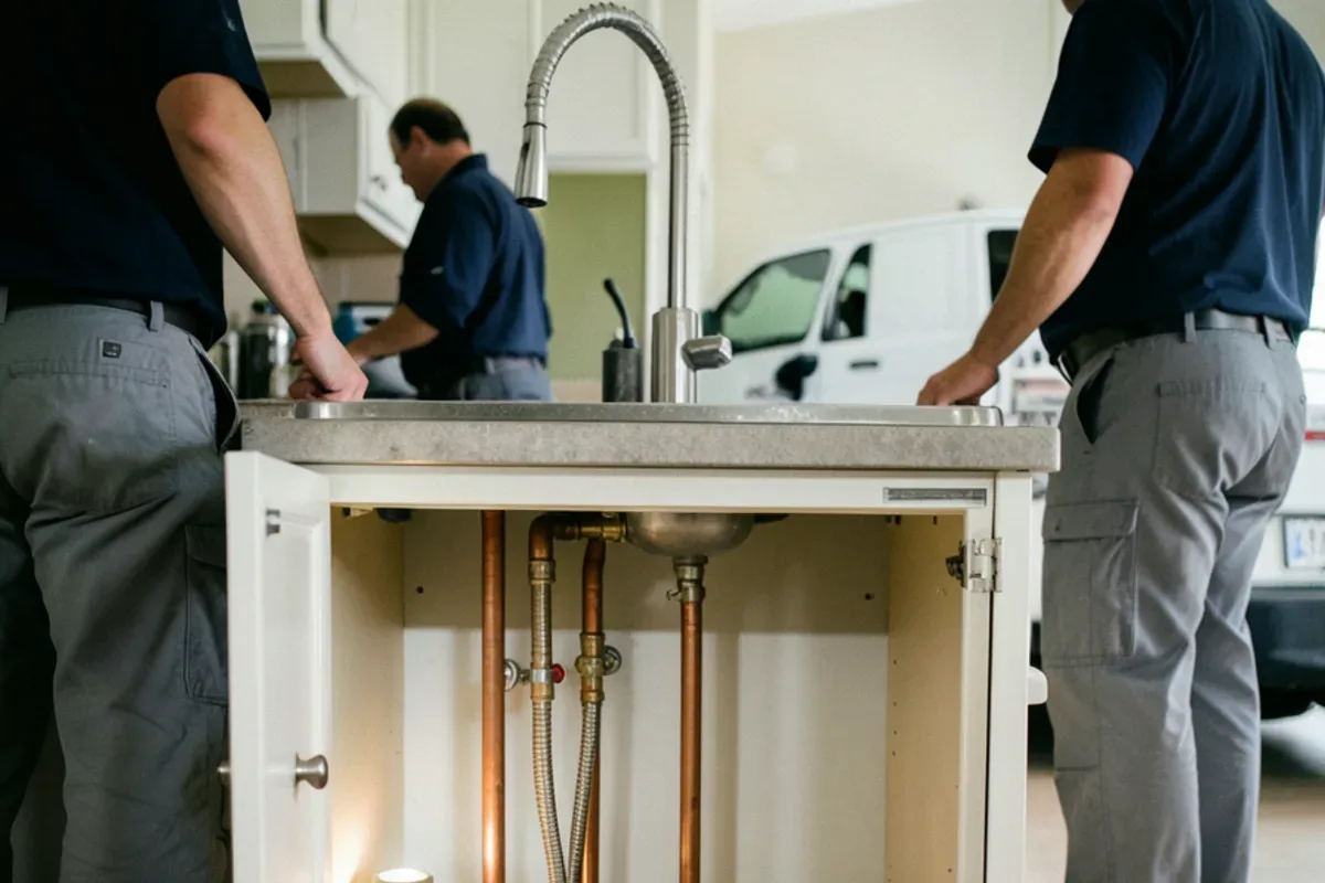 Open kitchen sink base cabinet showing supply pipes coming up through the floor against an outside wall