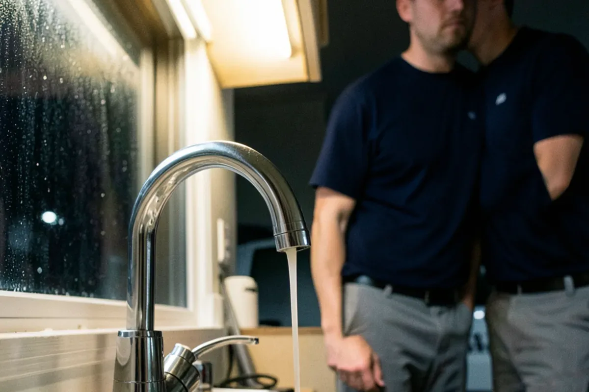 Kitchen faucet running a thin stream of water on a cold night