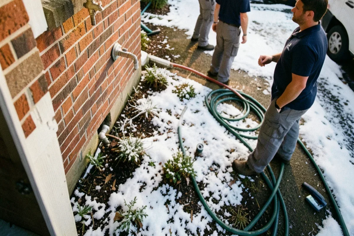 Frost-free outdoor faucet on a brick wall with the hose disconnected