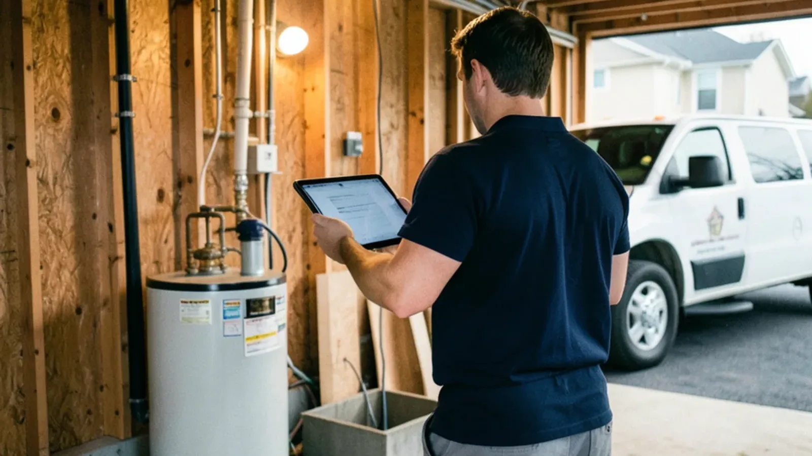 Homeowner reading a plumbing guide on a tablet beside a basement water heater