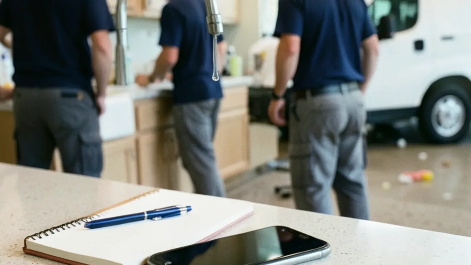 Phone on a kitchen counter next to a notepad listing a plumbing problem to describe