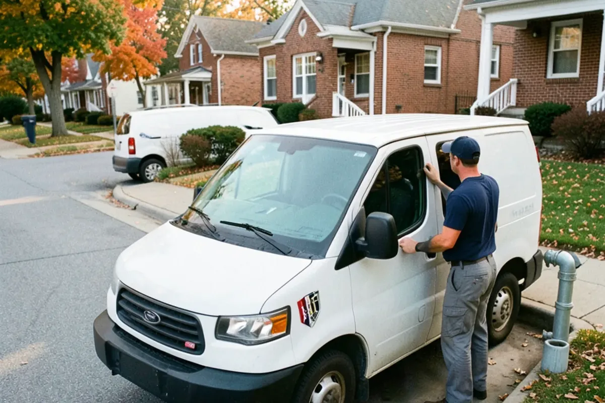 White plumbing service van parked on a residential street in southeast Warren