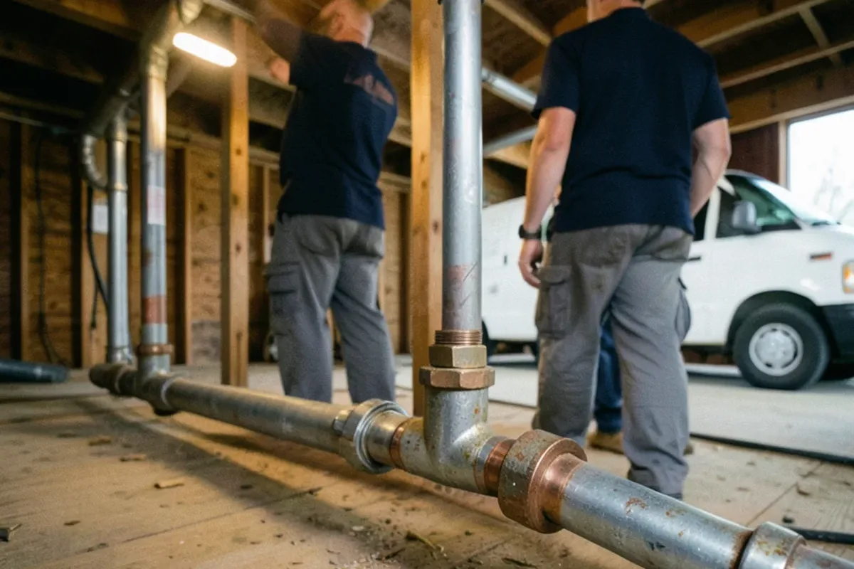 Rusted galvanized supply pipes along the joists of a 1950s Warren basement