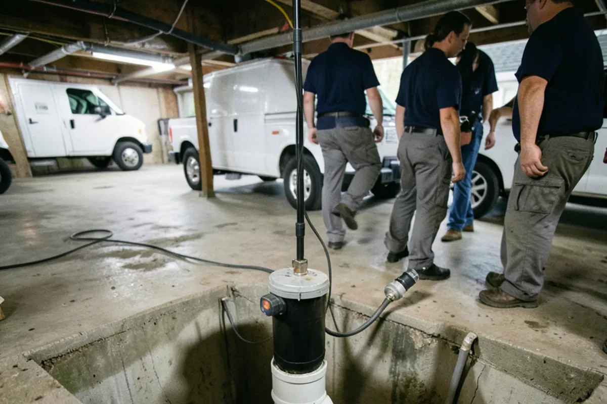 Open sump pit with a submersible pump and check valve in a 1960s basement on clay soil