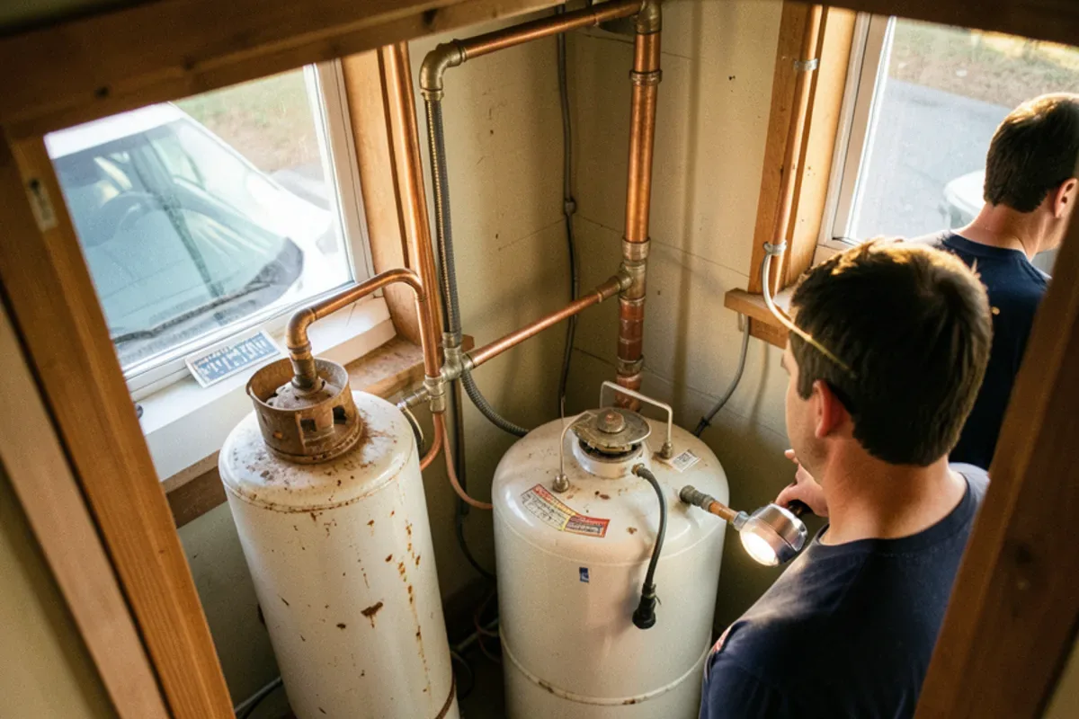 Original 1960s-era gas water heater next to a newer replacement in a north Warren basement utility area