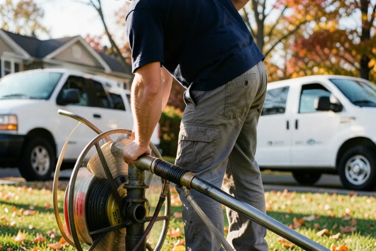 Hydro jetting hose entering an outdoor sewer cleanout