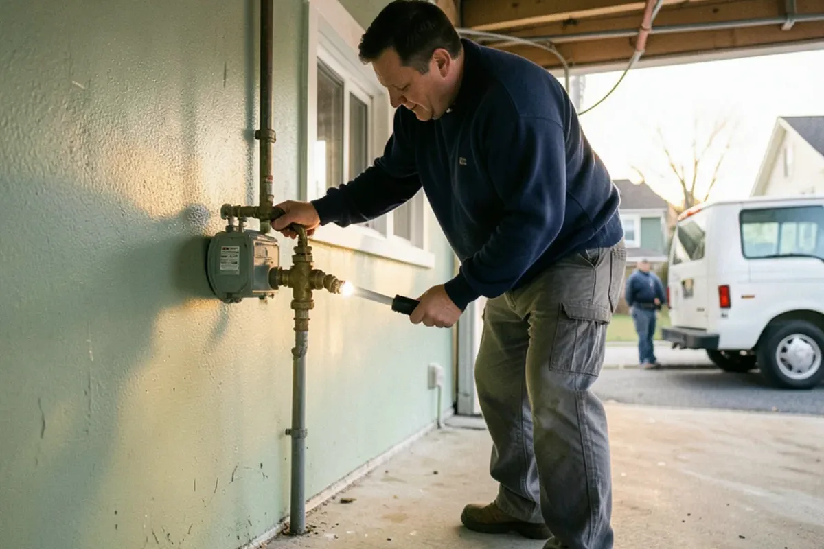 Homeowner closing the main water shutoff valve beside the meter in a Warren basement