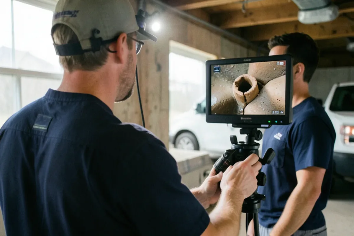 Plumber and homeowner reviewing sewer camera footage on a monitor in a basement