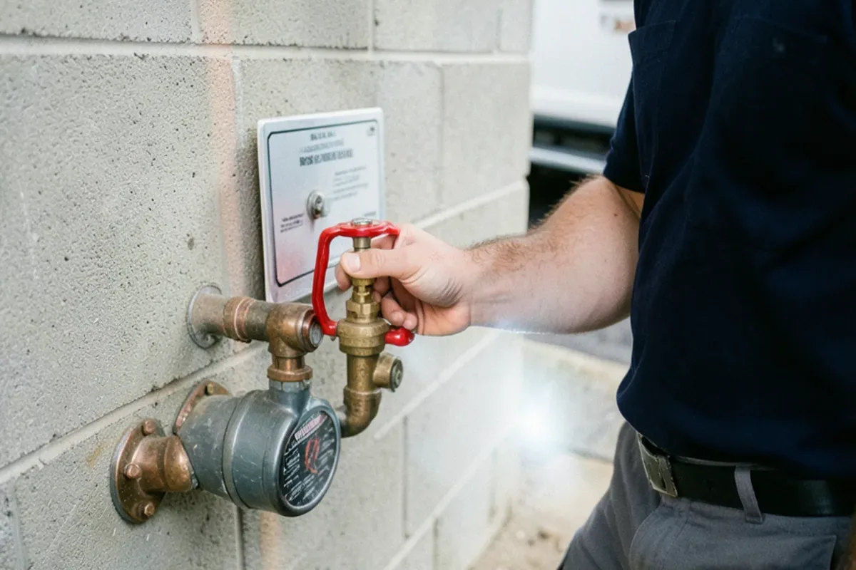 Hand turning a brass ball valve handle beside a residential water meter